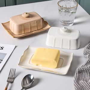 YUNG888 European Style rectangular Ceramic Butter Box With Cover Cheese Plate Household