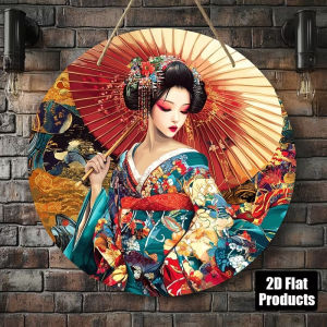 Vibrant Japanese Geisha Round Metal Tin Sign Traditional Kimono Art Wall Decor