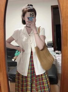 French White Short Sleeve Shirt Womens Summer New Shoulder Open Cardigan Thin Shirt Loose Outer VCollar Upper Clothing