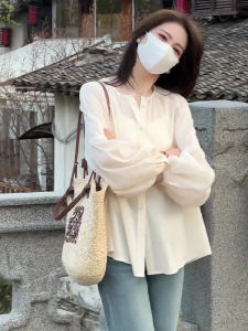 ชิค สไตล์เกาหลี เสื้อเชิ้ตป้องกันแสงแดดแขนยาว ผู้หญิง ฤดูใบไม้ผลิ ฤดูใบไม้ร่วง หลวม Mulberry ผ้าไหม Cover Up เสื้อท่อนบน Button Detail Ruched