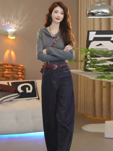 กางเกงยีนส์ทรงตรงสีเทา ชุดสองชิ้น ชุดลำลอง ฤดูใบไม้ร่วง แฟชั่นผู้หญิง ชุดลำลอง ทรงตรง ทรงสูง แขนยาว ปกติ