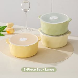Double Ear Ceramic Lunch Box with Lid ness Preservation Container Fridge Safe round Shape for Office Workers And Picnics