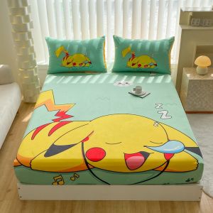 Dansunreve Velvet Fitted Bedsheet Pikachu Fitted Sheet Cartoon Soft Warm Fitted Bed Sheet Super Single Queen King Size Cadar Linen Kids Bed Sheet Elastic Mattress Protector