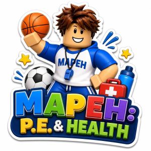 Subject Sticker Labels MAPeh: P.E. & Health. Blue and white sports uniform. Basketball and soccer ball. Red first aid kit. Blue water bottle. Yellow stars.