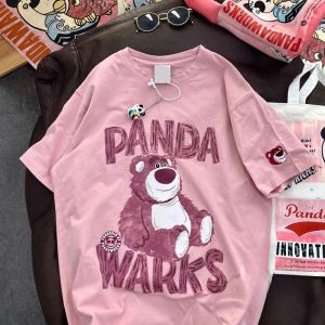 THIYKNDOT Ting Yunduo Vintage Japanese Style Strawberry Bear Short Sleeve T-Shirt for Women Loose Fit Chic Hongkong Style Cotton Top for Summer