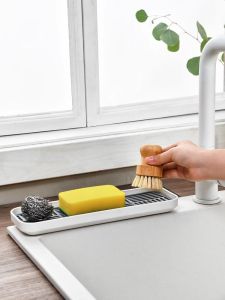Kitchen Sink Dish Drainer Rack Rectangular Sponge Dishware Storage Holder Long Narrow Shelf for Utensils And Bowls Drain Stand