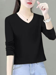 เสื้อยืดคอวีแขนยาว 100 บริสุทธิ์ ผ้าฝ้าย ผู้หญิง ฤดูใบไม้ผลิ ฤดูใบไม้ร่วง แฟชั่นบางเบา ลำลอง เรียบง่าย เสื้อเบส เสื้อท่อนบน