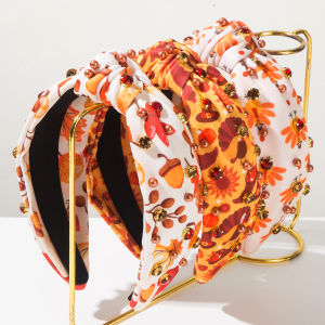 Popular Thanksgiving elements headband with maple leaf turkey print fabric nail bead studded diamond fashion holiday hair access