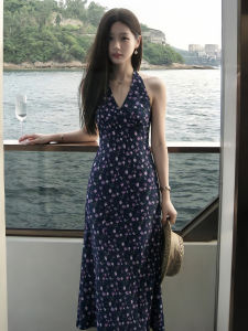 Retro V-neck Backless Tie-detailed Floral Dress