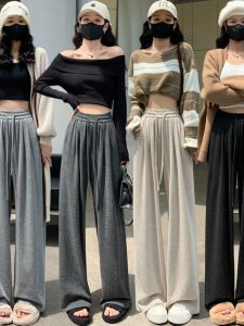 กางเกงขากว้างเอวสูงผ้าไหมน้ำตาลบางสำหรับฤดูร้อน กางเกงขายาวทรงตรงแบบลำลองสำหรับผู้หญิง ทรงหลวม สไตล์เกาหลี แฟชั่น