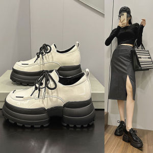 Womens Loafers 2025 New British Style Black Leather Thick Bottom Platform Shoes Heightening Single Shoes round Toe High Heel