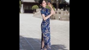 Elegant Polyester Satin Blue Print Maxi Cheongsam 1058-76 氣質綢緞藍色花紋長旗袍