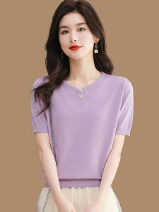 Fashionable Ice Silk Knitted Short Sleeve T-Shirt Womens Loose Thin round Neck Solid Color Top for Summer Casual Commute