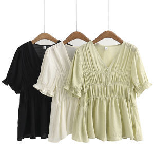 เสื้อเชิ้ตลำลองผู้หญิงสไตล์เกาหลีแบบใหม่ฤดูร้อนเสื้อเชิ้ตแขนสั้นคอวีจับจีบไซส์ใหญ่สดใสสำหรับสาวอวบ200กก.