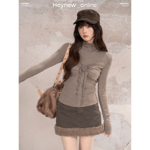 loveheynew | Áo Thun Tay Dài Cổ Xẻ Hoa Văn Ôm Sát Siêu Nhẹ