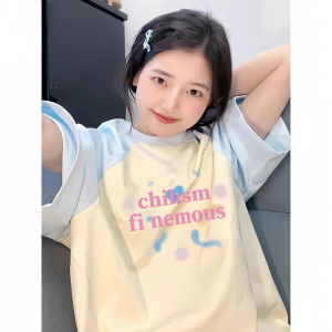 Light Blue Short Sleeve T-Shirt Womens Loose Cotton Summer Top Korean Style Printed Casual round Neck Pure Cotton Shirt