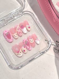Easy Bear Hand-Painted French Cartoon Strawberry Design Wearable Nails White Enhancing Detachable Cute Pink Series Nail Art