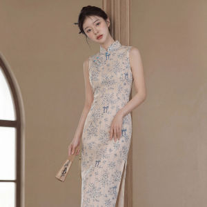 Chinese Style Sleeveless Slim Fit Dress For Petite Spring Summer Stand-collar Printed