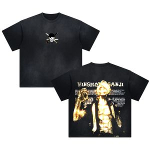 Bandai | ONE PIECE Mens and Womens Washed T-Shirt Vinsmoke Sanji Summer and Spring Anime Tee Retro Distressed Casual Short Sleeve