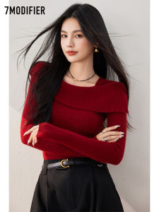 Lachapelle Autumn New Style Slim Fit Knitted Top Red Color for New Year Korean Version Polyester Fiber Long Sleeve Womens Shirt