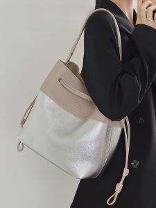 jpj | Urban Simple Style Bucket Bag Top Layer Cowhide Single Shoulder Crossbody Bag Commute Bag Folded Underarm Color Block Women