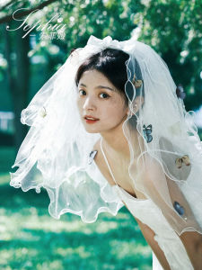 Wedding Veil Butterfly Knot Pearl Engagement Proposal Bride Morning Robe Photography Prop Hard Tulle Headwear Registration