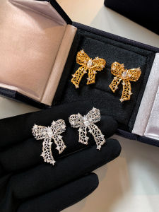 CAFFTI | Gold Silver Lace Diamond CZ Bow Earrings