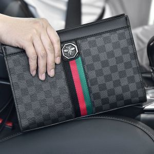 Trendy Large Capacity Plaid Mens Clutch Bag Business Casual Fashion Handbag Lightweight Luxury Grab Bag for Young Men