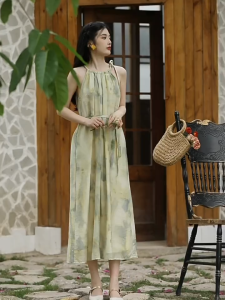 FASHLOVER Loose Temperament Dress Dyed Printed Vacation Style Beach Suspender Women