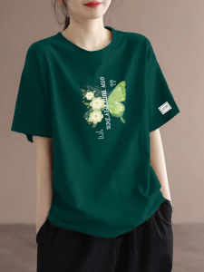 New 2025 Womens Loose Fit Cotton T-Shirt Short Sleeve Printed Cool Feeling Summer Fashion Age Reduction Belly Covering Top