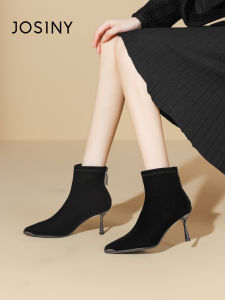 Josiny | Black Pointed Toe High Heels Spring Short Boots Elegant Slimming Womens Shoes