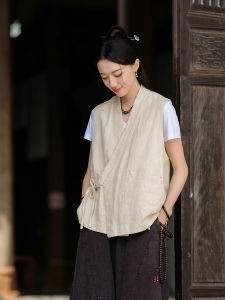 New Autumnal Chinese Style Layered Cotton Linen Blend Vest Top Womens Fashion Outerwear Improved Belted Shoulder Pad