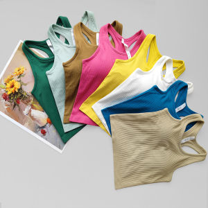 Womens Yoga Sports Vest Short Fitness Clothes with Chest Pad Breathable Moisture Wicking Ultra Elastic Spring Summer