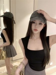 เสื้อยืดแขนกุดคอเหลี่ยมเข้ารูปสำหรับผู้หญิงในช่วงฤดูร้อน เสื้อชั้นในกระชับสัดส่วน ทรงเข้ารูป เสื้อคลุมกันหนาวแบบสวมหัว