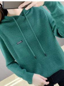 มีฮู้ด ถัก เสื้อสเวตเตอร์ ผู้หญิง ฤดูใบไม้ร่วง สไตล์ใหม่ 2024 หลวม สวมใส่ด้านใน เสื้อท่อนบน ชั้น หนาขึ้น ลำลอง เดินทางสีทึบแขนยาว