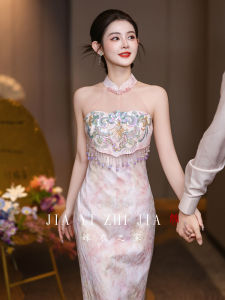 Elegant Pink Wedding Dress Cheongsam Engagement Ceremony Robe Chinese Style Heavy Embroidery Short plus Size Womens Dress