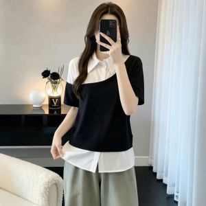 AIYITI | Stylish Polka Dot Collar Splicing Tunic T-shirt Large Size