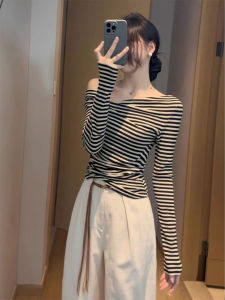 Fall Seasonal Korean Style Slim Fit Striped Shoulder Bared T Shirt Womens Fashionable Unique High Quality Casual Top