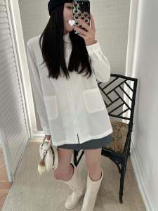 เสื้อเชิ้ตคอปกตุ๊กตาแขนยาวสไตล์ใหม่ฤดูใบไม้ร่วงสำหรับผู้หญิง สไตล์เรียบง่าย เสื้อคลุมกันหนาวแบบยาวปานกลาง ผ้าฝ้าย 100%