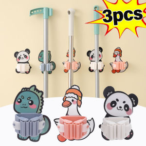 1/3Pcs Mop Holder Bathroom Space Saving Storage Rack Cartoon Shape Mop Clip Wall-mounted Broom Clamp Multipurpose Punch Free Paste Hook