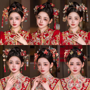 เครื่องประดับผมสไตล์จีนเรียบง่ายสีแดงสำหรับเจ้าสาว 2024 ใหม่ ชุดแต่งงาน ตกแต่งผม สร้อยคอ สร้อยข้อมือ เครื่องประดับผม