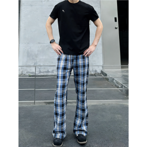Plaid Casual Tapered Straight Men Pants Summer Lightweight