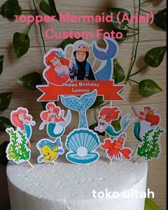 Topper Mermaid Ariel Custom Foto untuk Hiasan Kue Ulang Tahun / Ultah Anak (Toper Putri Duyung)