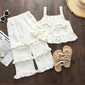 Menoea Korean Version Girls Clothes Suits Summer New Bow Camisole Top+ Pants Two-piece Suits Outfits for Baby Girl Casual Wear Clothing for 3-7 Years Kids