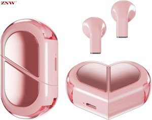 ZNW Heart Shape TWS Wireless Earphones with Mic in-Ear Cute Mini Small Invisible Earbuds Wireless Bluetooth Headset Women Rose Gold Headphone Blue Tooth Ear Buds for iPhone Android for Lover Couples Birthday for Valentine for Sport Travel