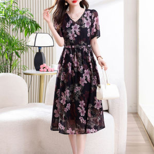 DAIXIANGFEIZI | Đầm Voan Hoa Tay Ngắn Dài Trung Bình