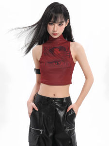 เสื้อกั๊กสีแดงคอตั้งครึ่งตัวพิมพ์ลายสไตล์ย้อนยุคสไตล์อเมริกัน แฟชั่นฤดูร้อน 2025 เสื้อแขนกุดเข้ารูป เสื้อผ้าทำงาน