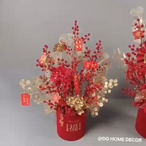 Bình Đào Đông Mix Lá Mạ Vàng Kèm Mèo Thần Tài May Mắn Trang Trí Để Bàn Kệ Tủ Quầy Lễ Tân DC-230