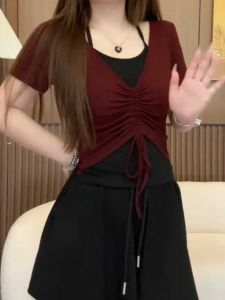 Pure Cotton Short Sleeve V-Neck T-Shirt Korean Style Commute Sweet And Spicy Small Shirt Irregular Waist Cardigan Top