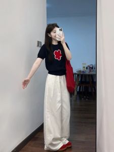VKSOD | Ladies Korean Style Lazy Fashion Plus Size High Waist Solid Color Short Sleeve Two Piece Set Dark Blue Wide Leg Pants